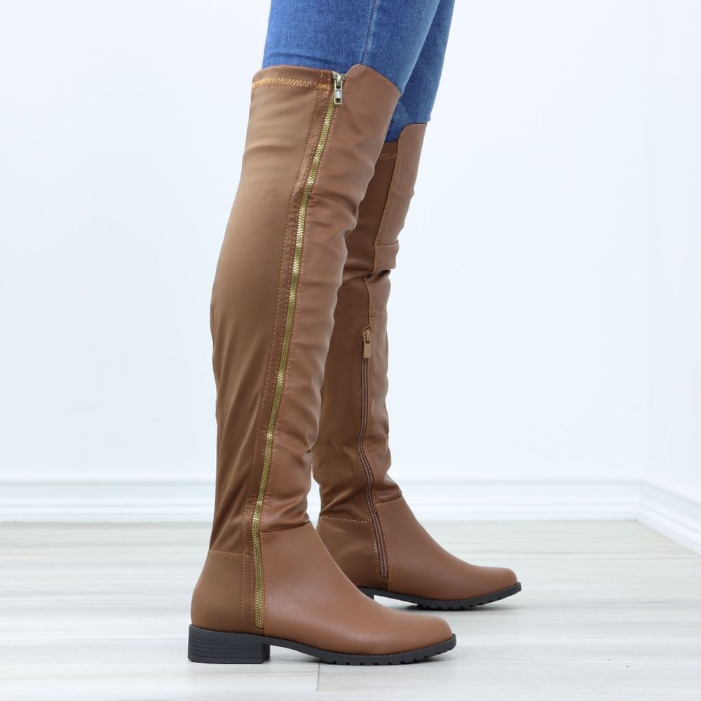 Tan Thigh High Over The Knee Faux Leather & Stretchy Material Low Heel Boot_5